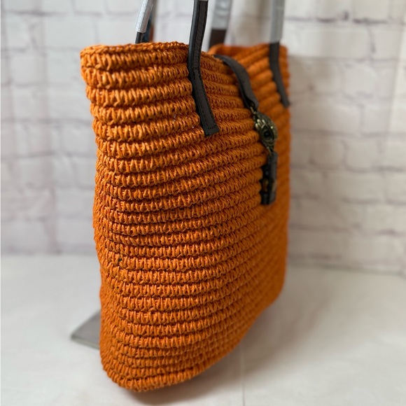 KURT GEIGER Hampton Raffia and Leather Shoulder Tote Bag Orange Brass Eagle Head - Picture 5 of 16